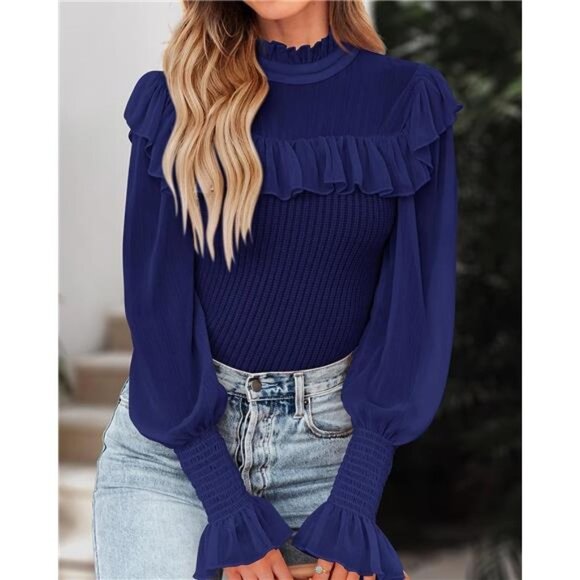 Blue Ribbed Knit Chiffon Ruffle Mesh Sheer Long Puff Sleeve‎ Sweater Top Blouse - Picture 4 of 7